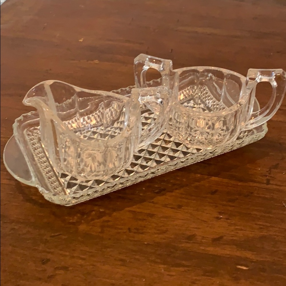 Vintage Glass clear sugar creamer w/ tray set